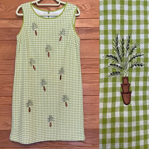 Vintage Dresses & Skirts - Vintage 90s Ultra Dress green gingham potted plant embroidered dress